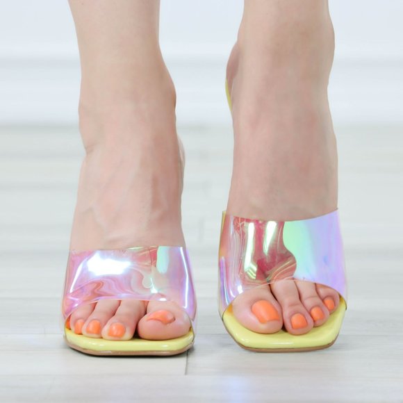 High Heel Sandals Square Open Toe Slip On Mules Stiletto's Clear Mirage Yellow - Picture 10 of 12